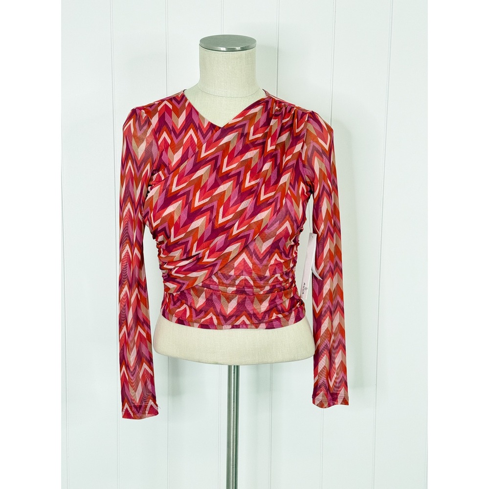 AQUA Zigzag Mesh Ruched Top NWT Womens XS‎ Pink Multi Geometric Long Sleeve